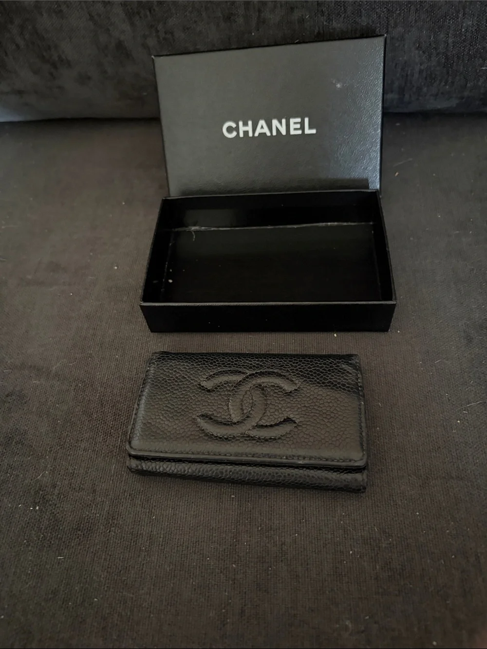 CHANEL Black Leather CC Embossed Card Holder